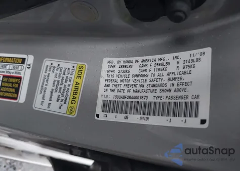 2010 Acura Tl 3.5 из США, поврежденный, VIN 19UUA8F28AA007670